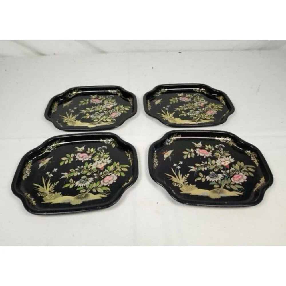 Vintage Elite England Chinoiserie Black Tin Toleware Snack Trays Set of 4